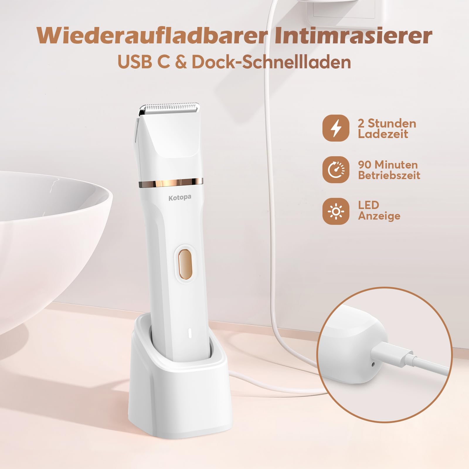 Kotopa Intimrasierer für Frauen, Elektrischer Rasierer Damen mit 3 Aufsätzen, kabelloser und wiederaufladbarer Trimmer Damen für Intimbereich, Gesicht und Beine, Hautschonend & sanft (Weiß)