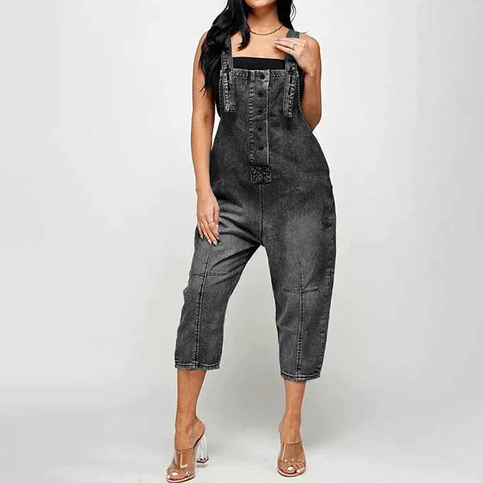 Combinaison Femmes Elégant Sexy À Col en V Impression Short À Dos en Denim Lavé Multi-Poches pour Femme Combinaison Jetable Taille Elastique V-Col Romper Jumpsuit avec Poche