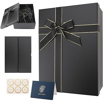 Mbsomnus Gift Box with Lid 29 x 22 x 10.5 cm Gift Box Black Gift Box Birthday Gift Box with Bow Greeting Card Raffia for Birthdays Weddings Valentine's Day