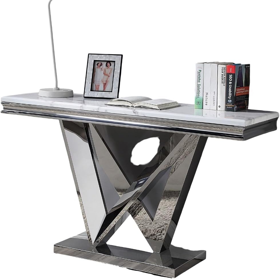 Sofa Table 1pc Stainless Steel Rectangular V Shape Pedestal Base 18mm Faux Marble On Top Metal Structure Ch Coffee Table Not Included