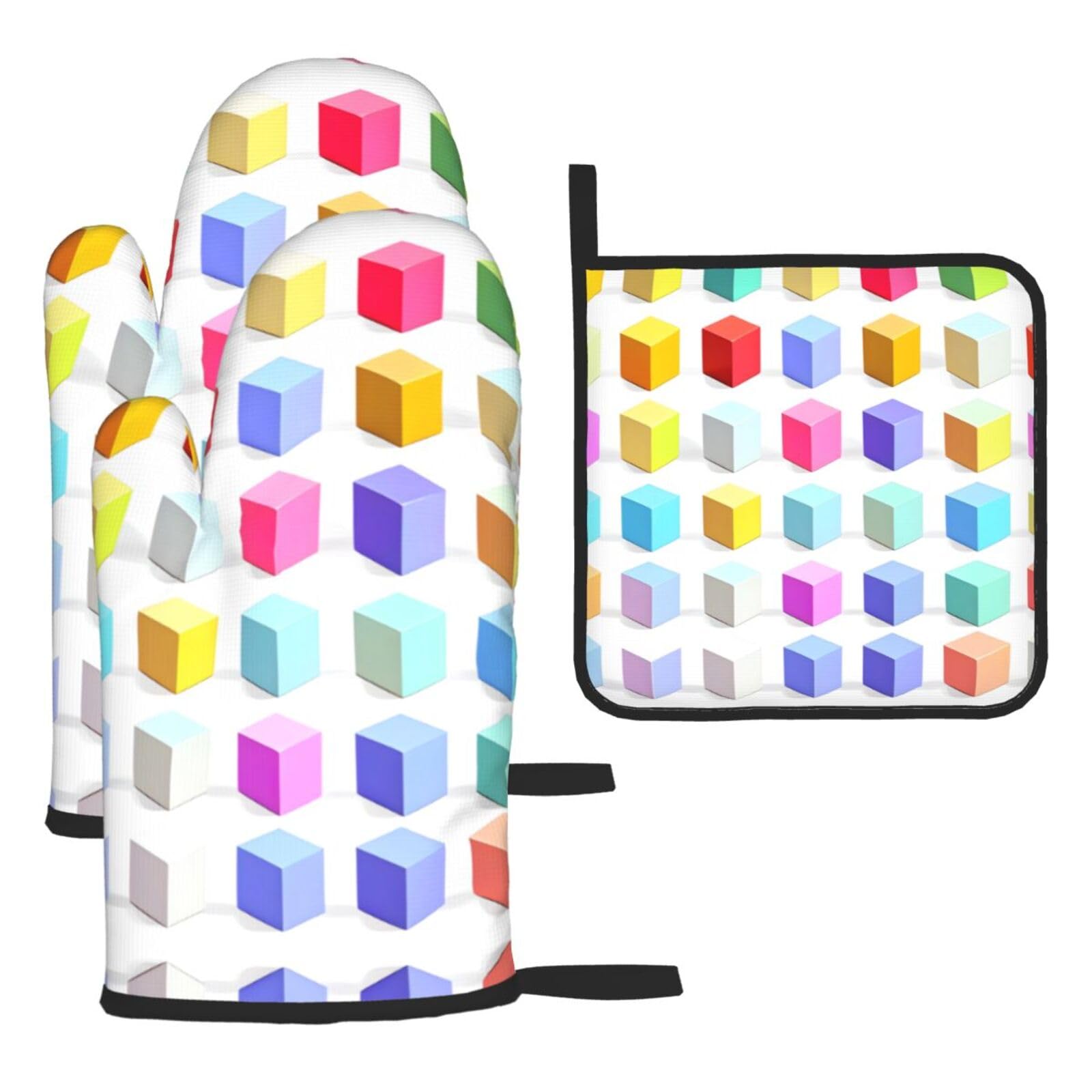 Colorful Cubes Oven mittens and oven mitts three-piece set suitable for oven, grilling, baking, microwave and home cooking.