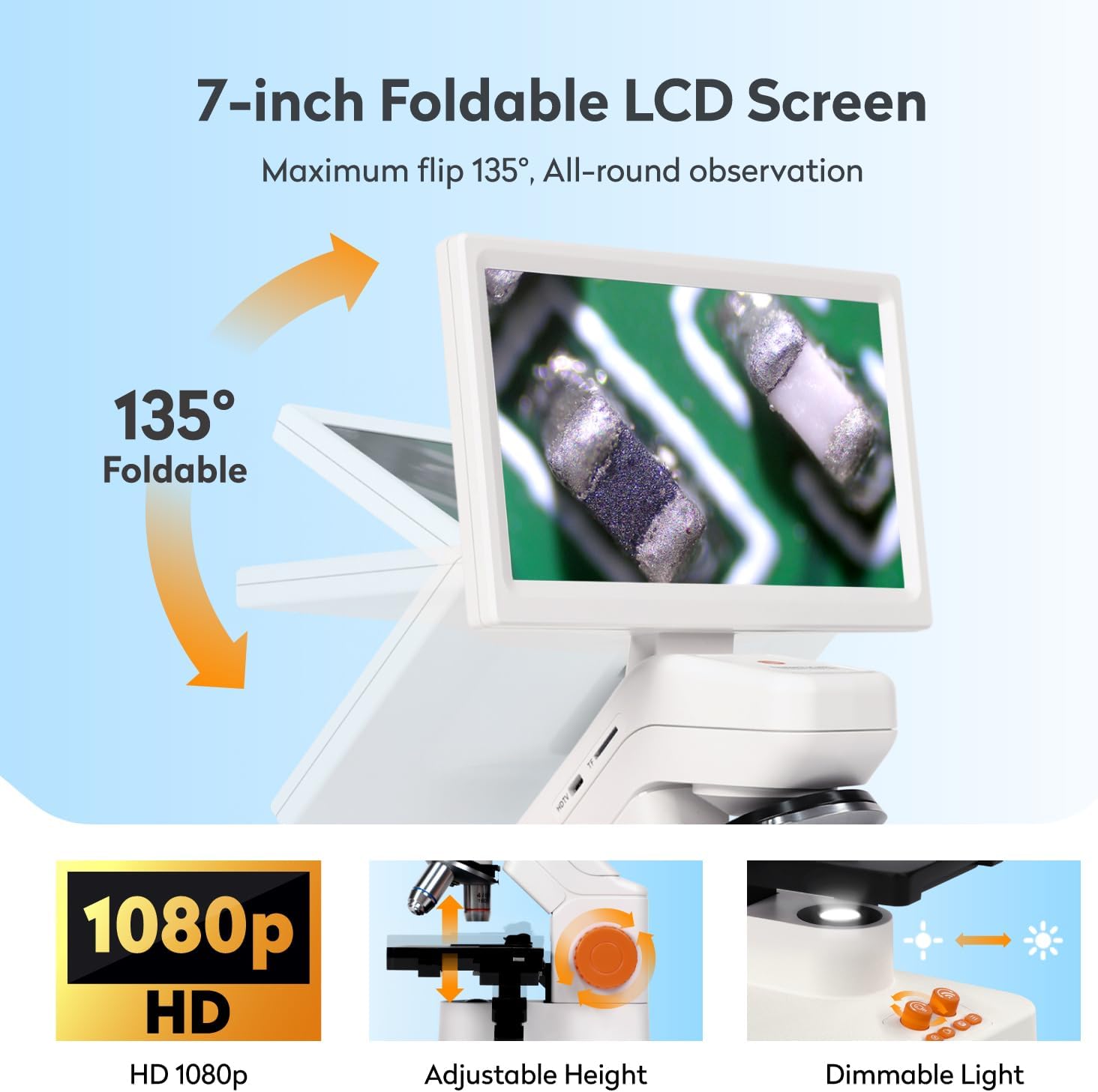 MT3-4 Digital Microscope for Kids Adults, 1200X USB Microscope with 7-inch Screen, Professional Microscopio with 5MP CMOS and 3D Stage Compatible with Windows/Mac/Pad/Phone