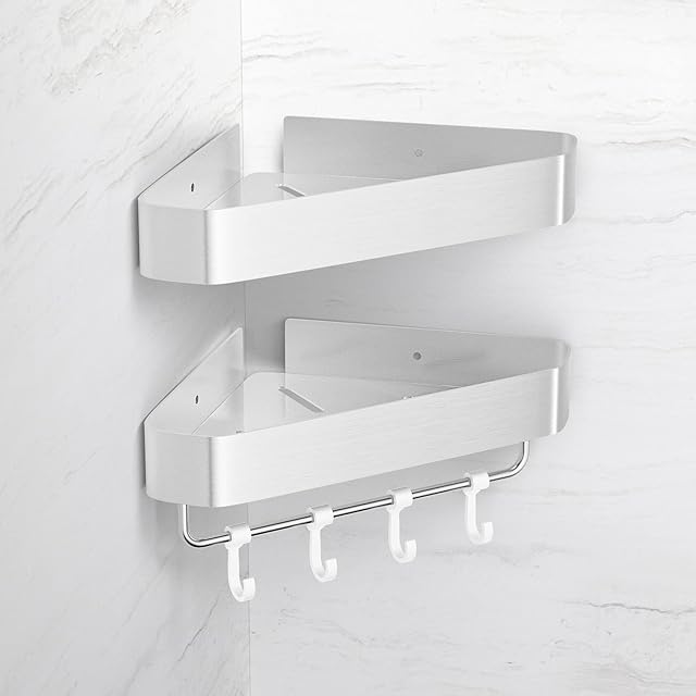 Bathroom Shower Corner Shelf,LIVIKEY 2 Pack No Drill Adhesive Shower Corner Caddy Basket Aluminum Material Shelves for Bathroom Storage and Kitchen Organizer ,Silver