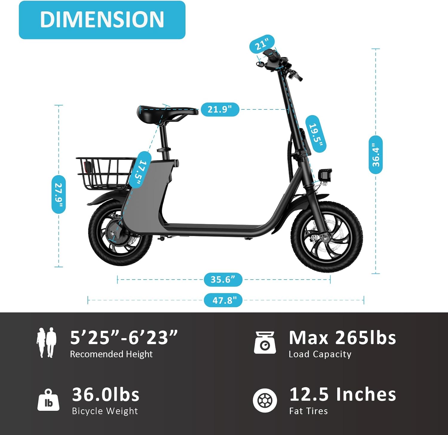 Dimension diagram of the electric scooter