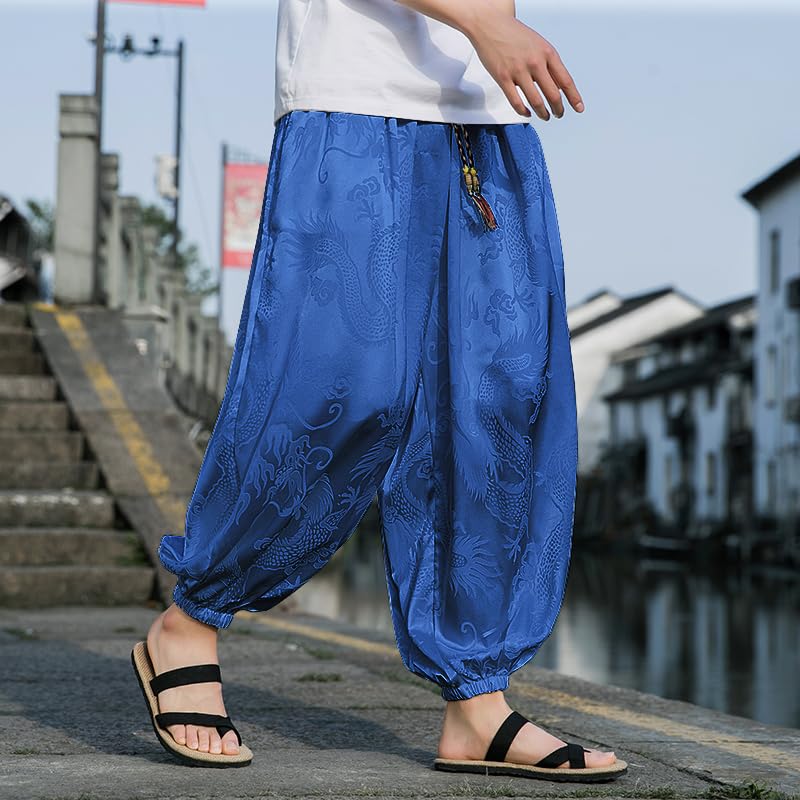 Hipster Ice Silk Satin Men' Pants Dragon Pattern Chinese Loose Trousers Smooth Comfortable Beach4
