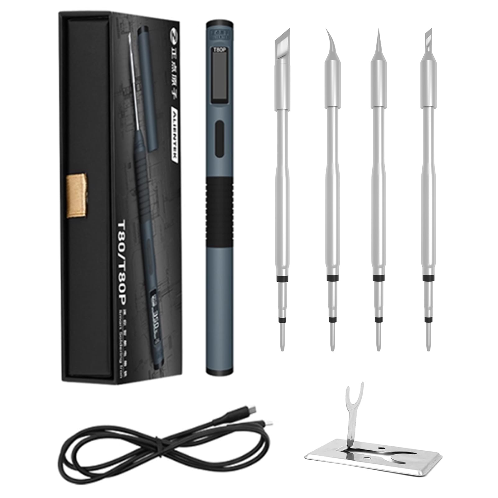 T80P - Kit de soldador eléctrico inteligente de 100 W, temperatura constante portátil para mantenimiento industrial, incluye cable USB tipo C de 4 tipos y soporte TH50