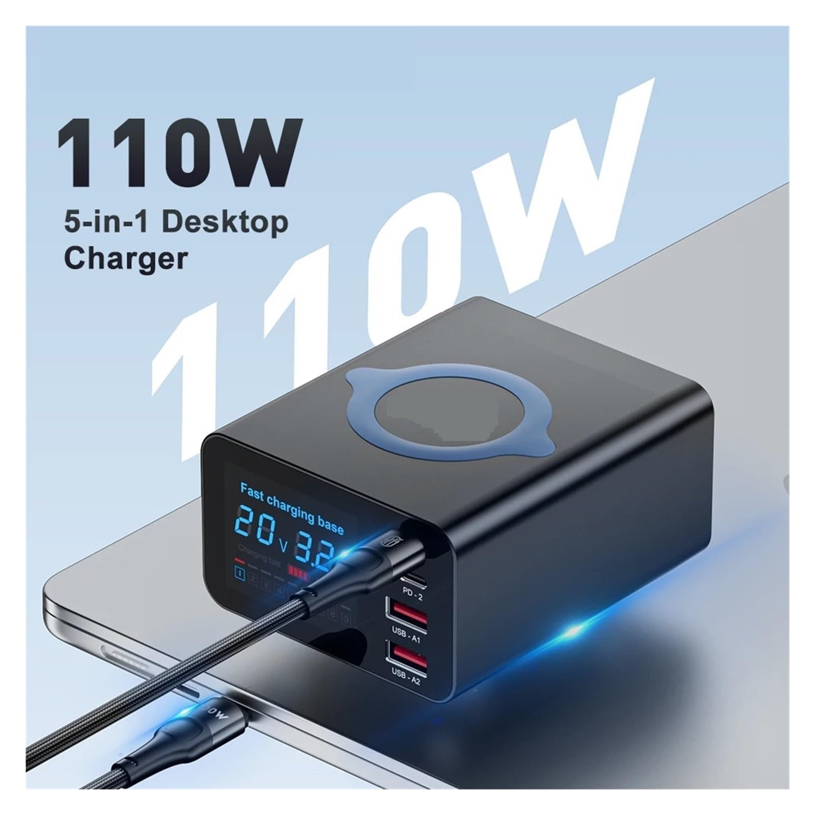 Caricabatterie Wireless Caricabatterie Rapido Tipo C Da 110 W Display LCD Stazione Di Ricarica USB 5 In 1 For Laptop Cassaforte Veloce(With 100w 1m cable)