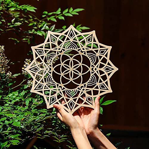 Qallicon 11.5" Sacred Geometry Wall Art, Wooden Mandala Wall Decor, Meditation Chakra Wood Wall Sculpture Art Symbol Spiritual Decor Yoga Gifts Crystal Grid Board (Mandala) #TOP1