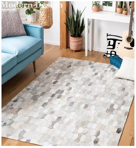 Modern Design Premium Leather Mosaic Area Rug, Geometric Pattern, Natural Multi Grey, Living Room Carpet (Grey/Ivory/Silver, 8x10)
