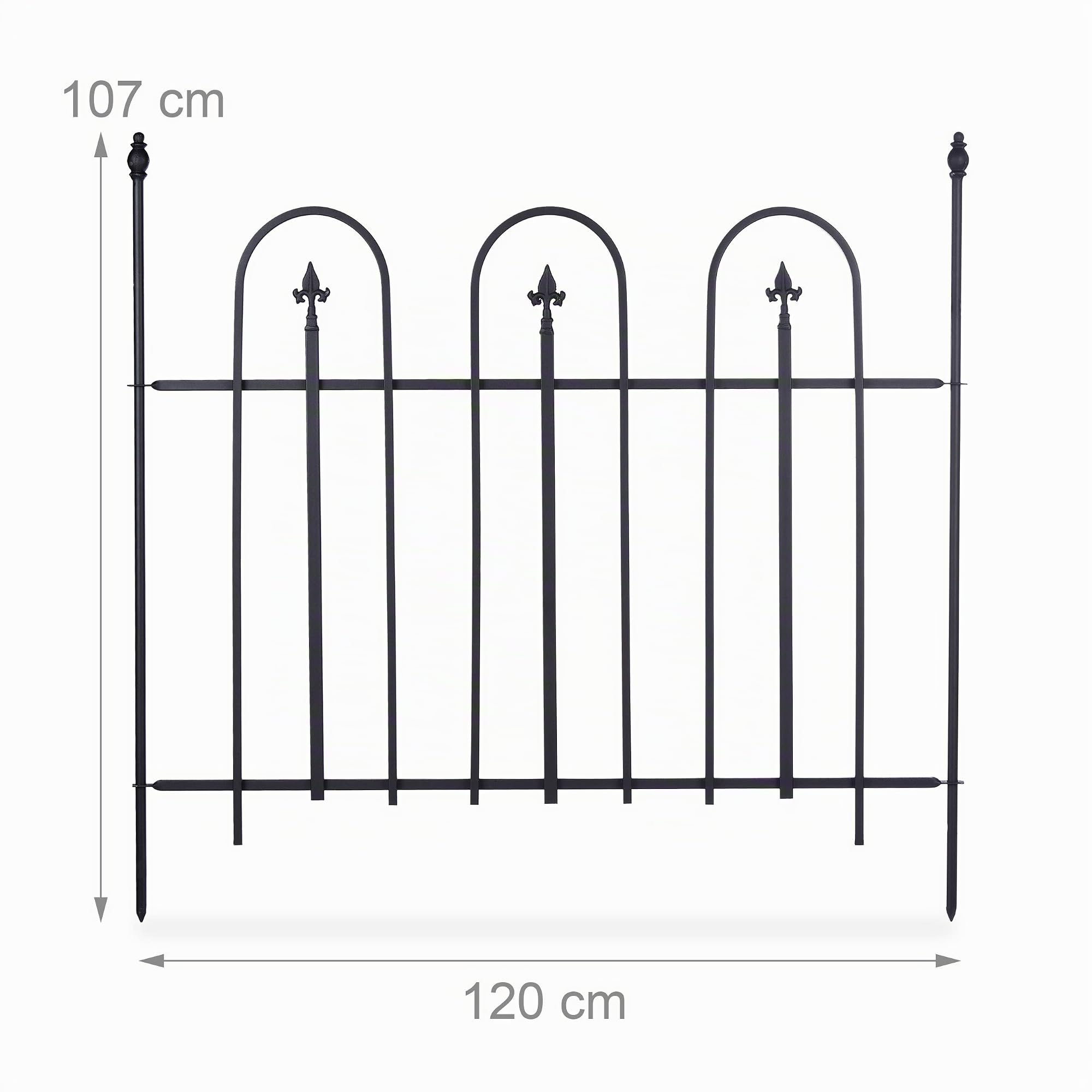 Relaxdays Gartenzaun Metall GOTH Komplettset 4,8 m, Metallzaun aus Eisen, 4 Zaunelemente 90 x 120 cm, anthrazit, schwarz
