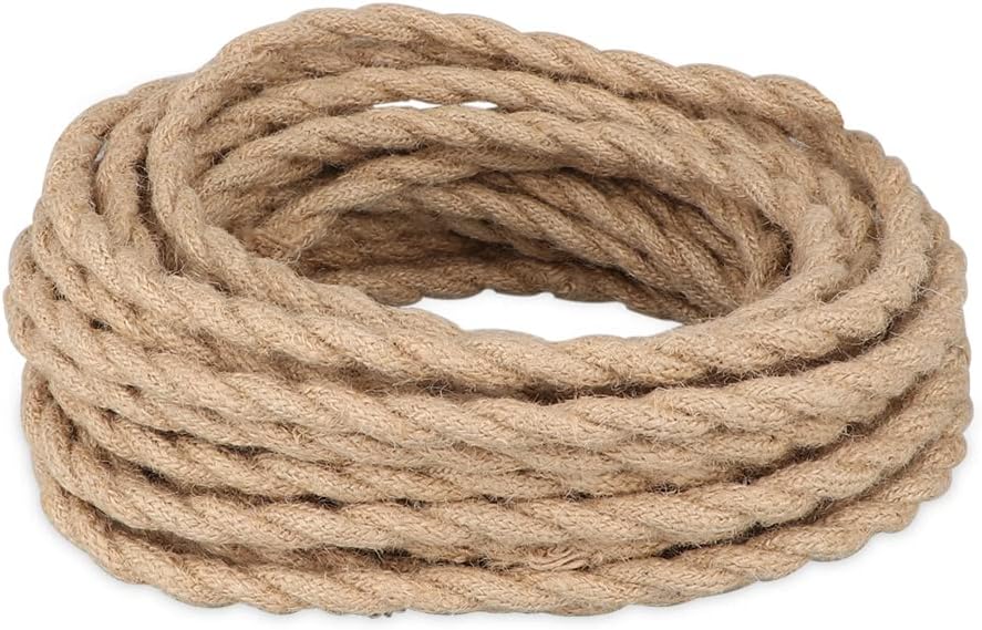 Helunsi 32.8ft Twisted Electric Rope Light, 18/2 Hemp Rope Covered Lamp Twisted Wire, 18-Gauge Vintage Light Pendant Cord, Antique Industrial Electrical Wire Rope