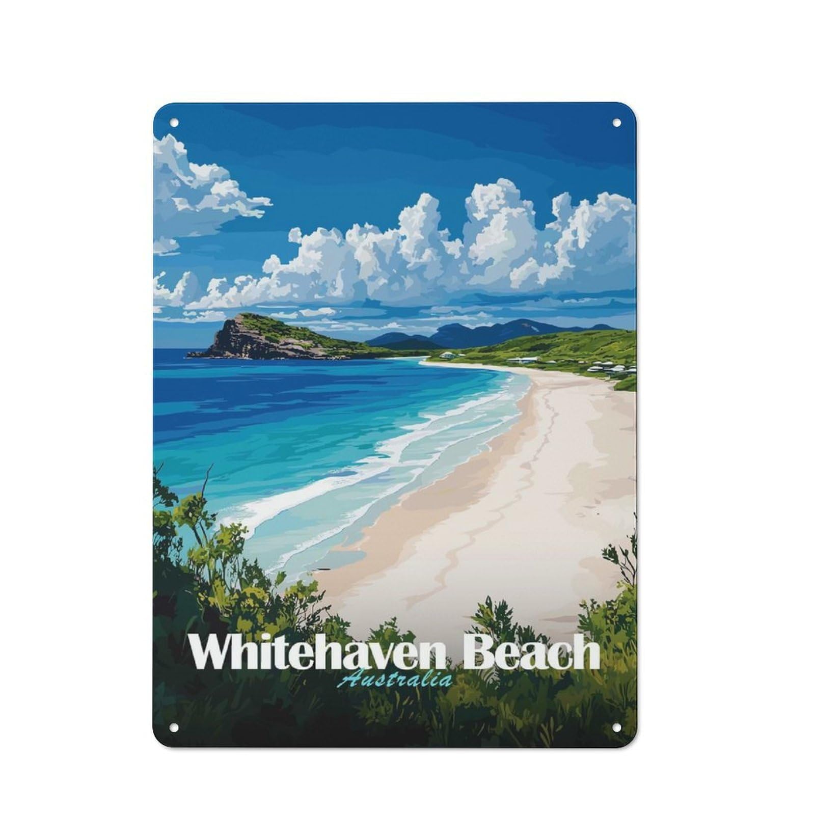 Junmoney Style-17 Metal Wall Plaque With Whitehaven Beach, Australia Design 40X30cm, Simple Retro Studio Wall Plaque For Hobby Room, Office, Lounge Or Living Room