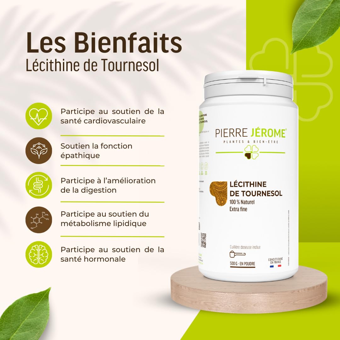 Lécithine de Tournesol en Poudre Pierre Jérôme - 500 G - Complément et Additif Alimentaire à Base de Phospholipides de Tournesol - Foie, Cerveau - 0.5 KG - 500 Jours