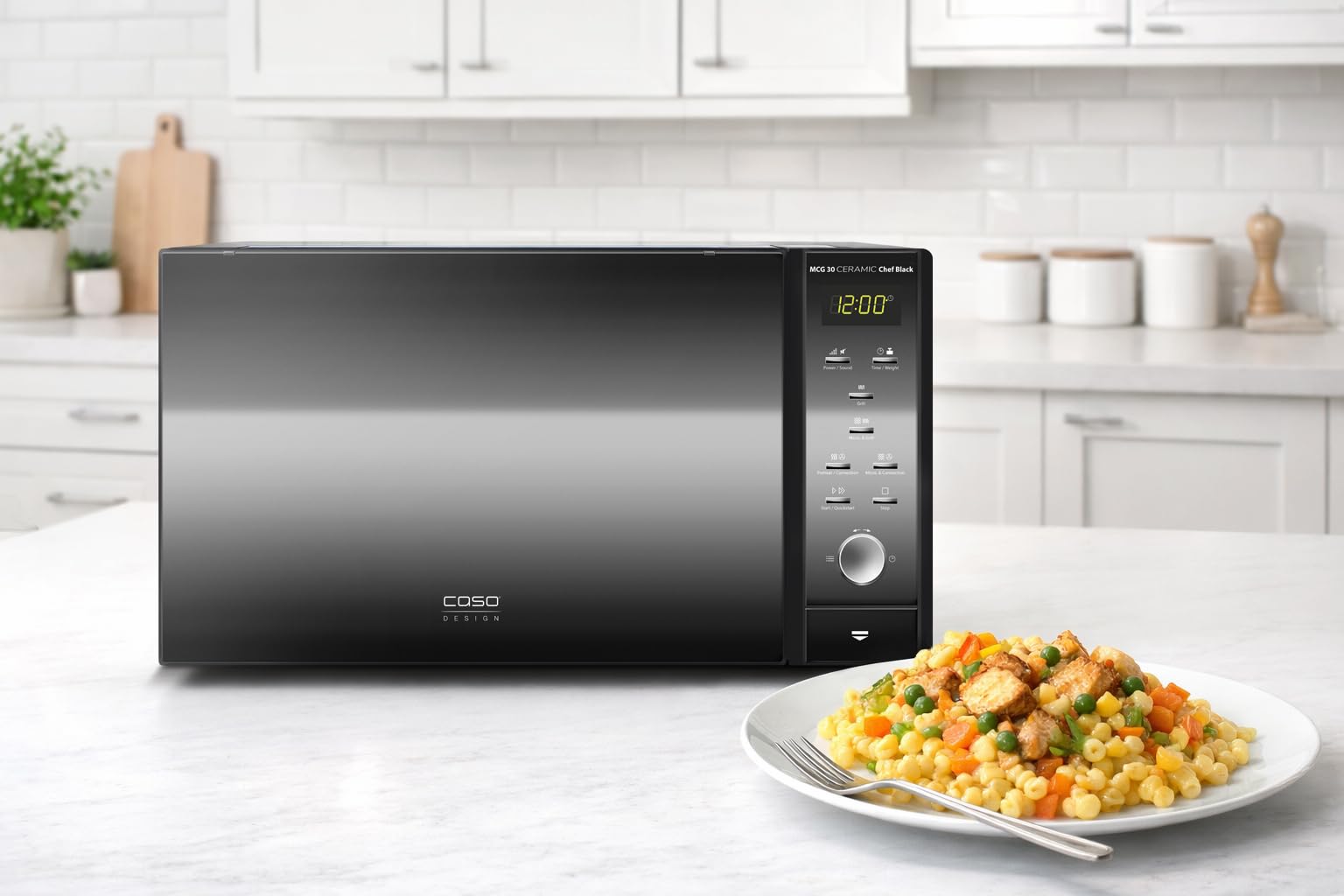 CASO MCG30 Ceramic chef Black, 3in1 Mikrowelle mit Grill + Heißluft 2100W 30L, Borosilikatglasboden, Backofen-Funktion bis 200°C
