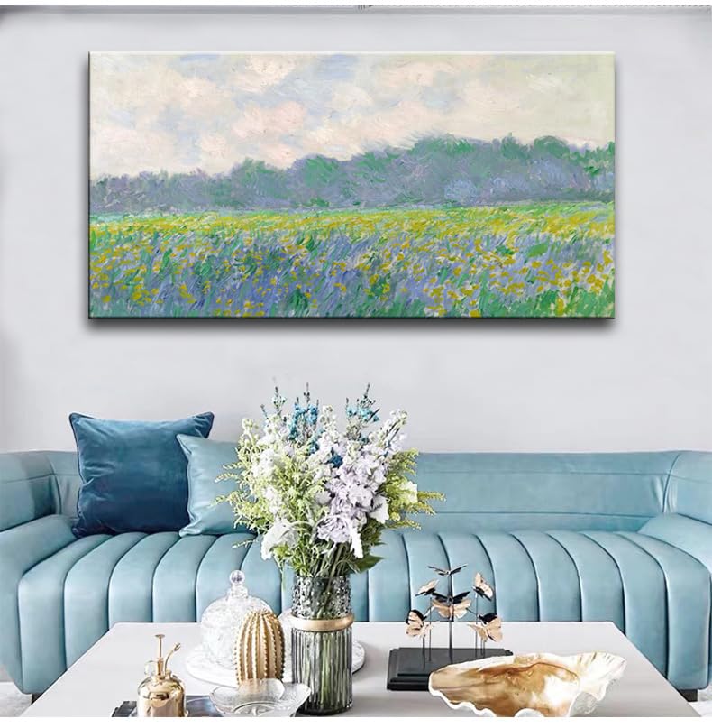 Image of Claude Monet Canvas Wall Art - Field of Yellow Irises at Giverny 1887 Famous Painting Artwork Print Framed Picture for Home Office Wall Decor - 20 inch x 40 inch