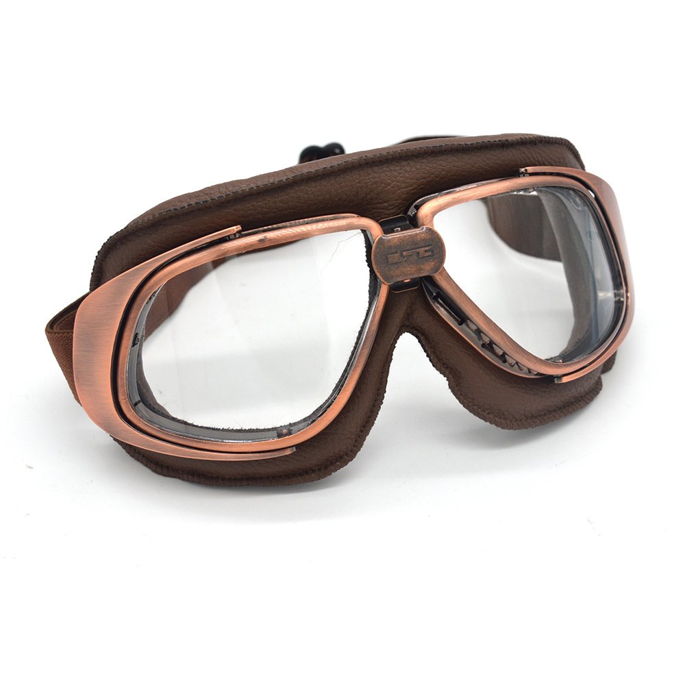 Occhiali da Moto Vintage, Pilota per Touring Cruiser Scooter Bike Racer, Esterno Impermeabili (Marrone + Rame, Trasparente)