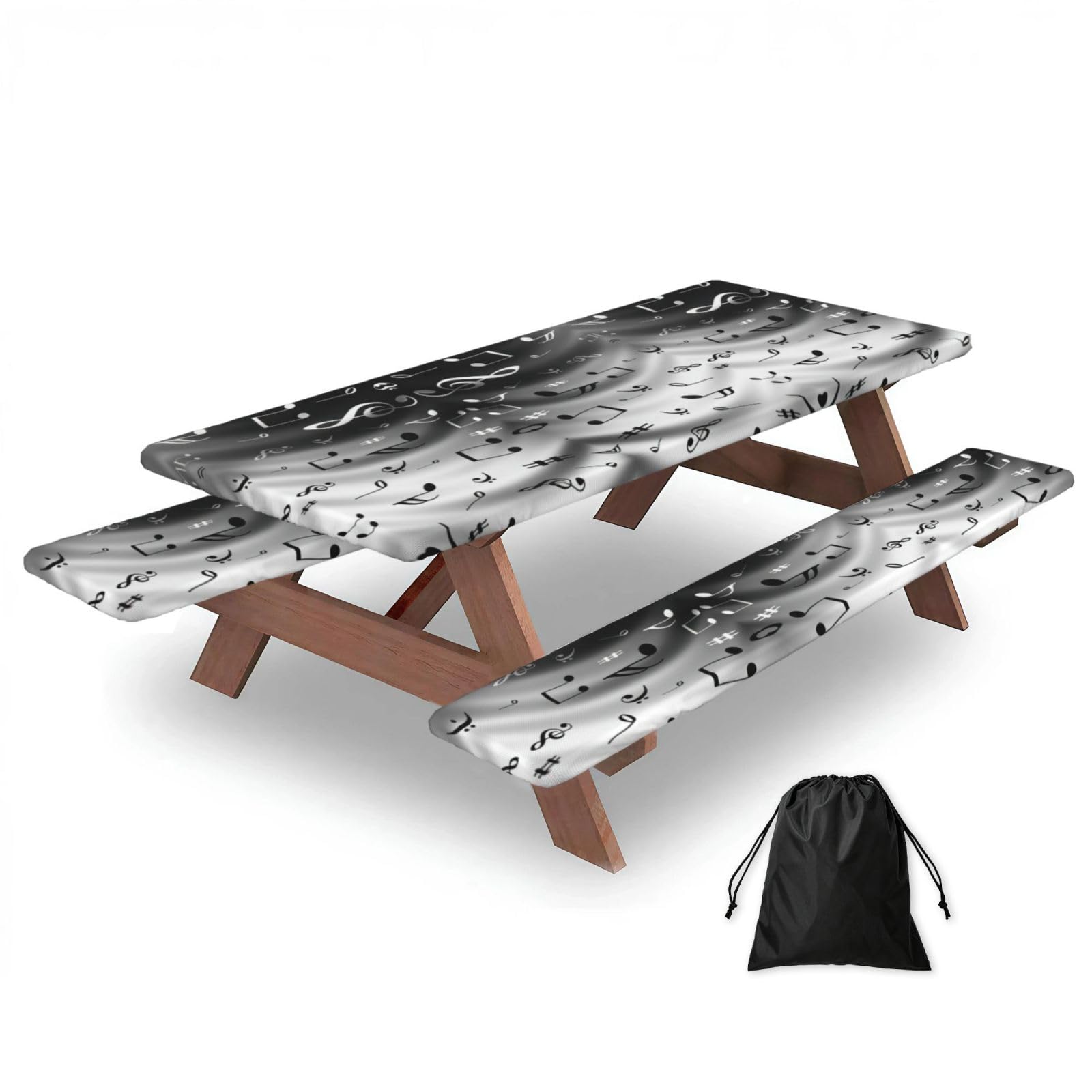Zyjhyy Black Music Print 3 Pack Wipeable Picnic Bench Cover And Table Cover Lightweight Table Cloth For Camping Outdoor