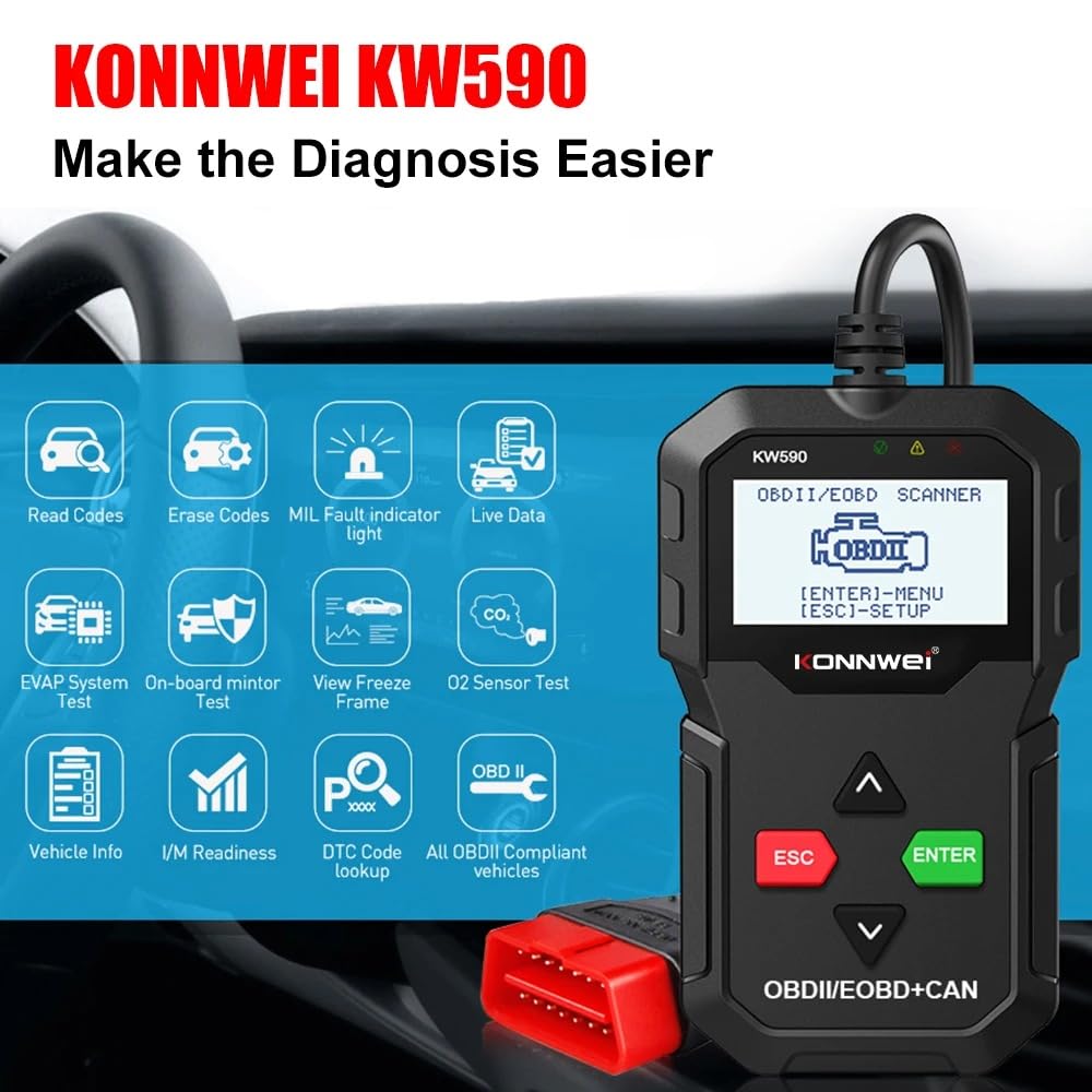 Konnwei KW680 OBD2 Scanner, Universal Car Diagnostic Tool, 2.4 Inch Color Screen, Multi-Language Support, Read and Clear Error Codes, Live Data Streaming, Real-Time Software Updates