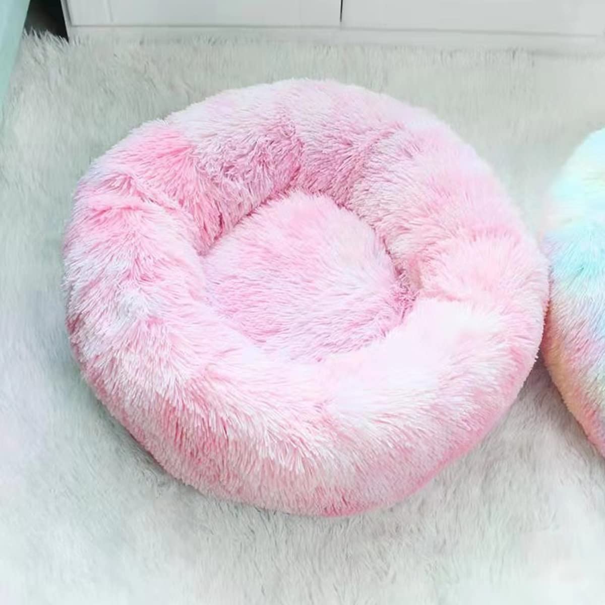 Calming Dog Bed & Cat Bed, Anti-Anxiety Donut Warming Cozy Soft Dog Round Bed, Fluffy Faux Plush Dog Cat Cushion Bed for large Small Medium Dogs and Cats diameter28in