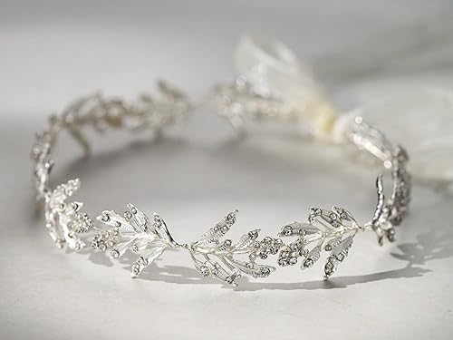 Miniatura 3 de SWEETV Tocado de boda de hoja para novia, diadema de novia plateada, tocado de flores para niña, hecho a mano, accesorios para el cabello de boda