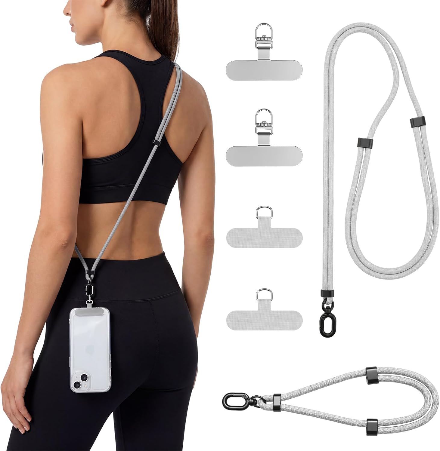 BESARME Phone Lanyard Set 2 Pack Adjustable Crossbody Wrist Straps Black - with 2 Patches and 2 Rotating Steel Tabs for Hands-Free Carry on Travel Hiking Shopping and Daily Commuting