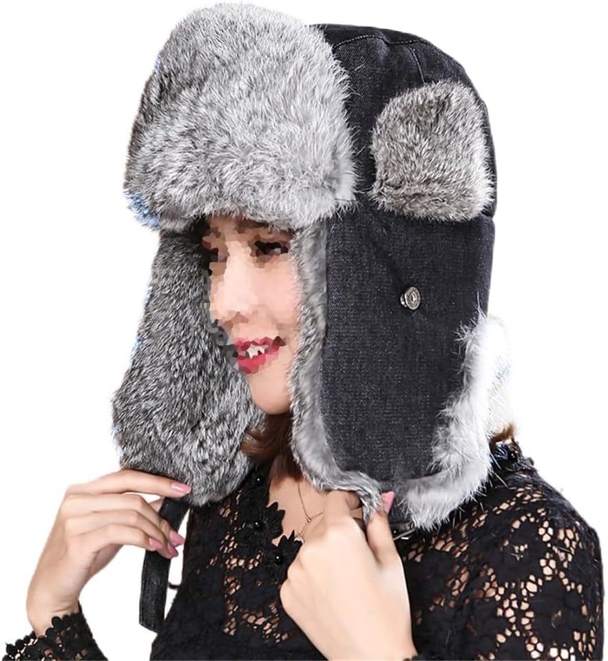 100% Real Rabbit Fur Hat Thicken Winter Warm Ushanka Trapper Cap for Women (Cowboy Black X-Large(Above 60cm))
