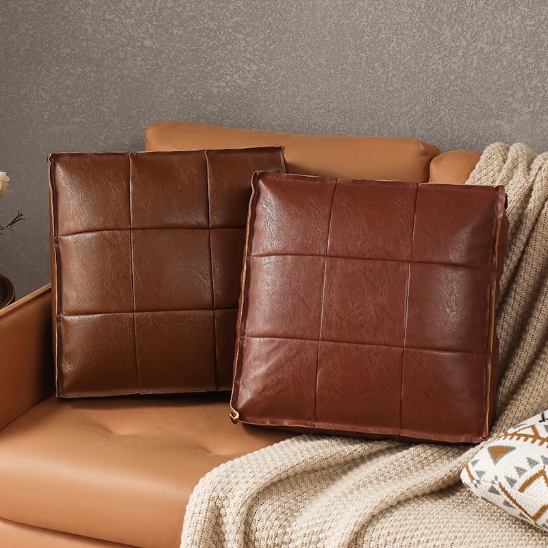Ottomane quadratisches Bodenkissen, PU-Leder, Vintage-Retro-Stil, gewachstes Leder, Sitz für Wohnzimmer, Schlafzimmer, Balkon (dunkler Kaffee, nur Bezug, L-45 x 45 x 15 cm)