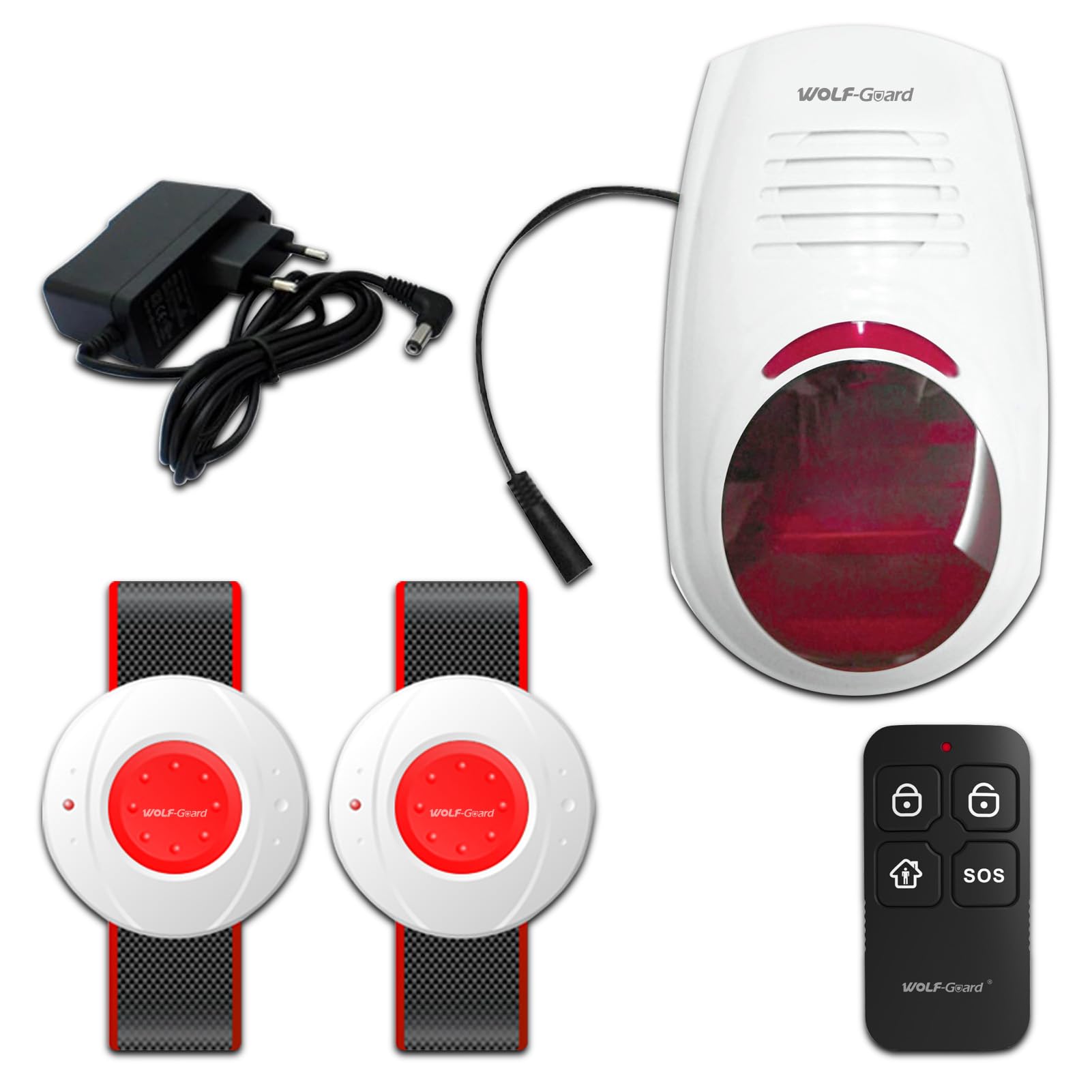 Wolf Guard W03-JA03 drahtlose Strobe blinkende Sirene Alarm-Kit wasserdicht Outdoor-Panik-Warnsystem für Business Home Shop Hotel Schule, SOS Notfall-Tasten, Remote-Tasten (Siren with SOS panics)