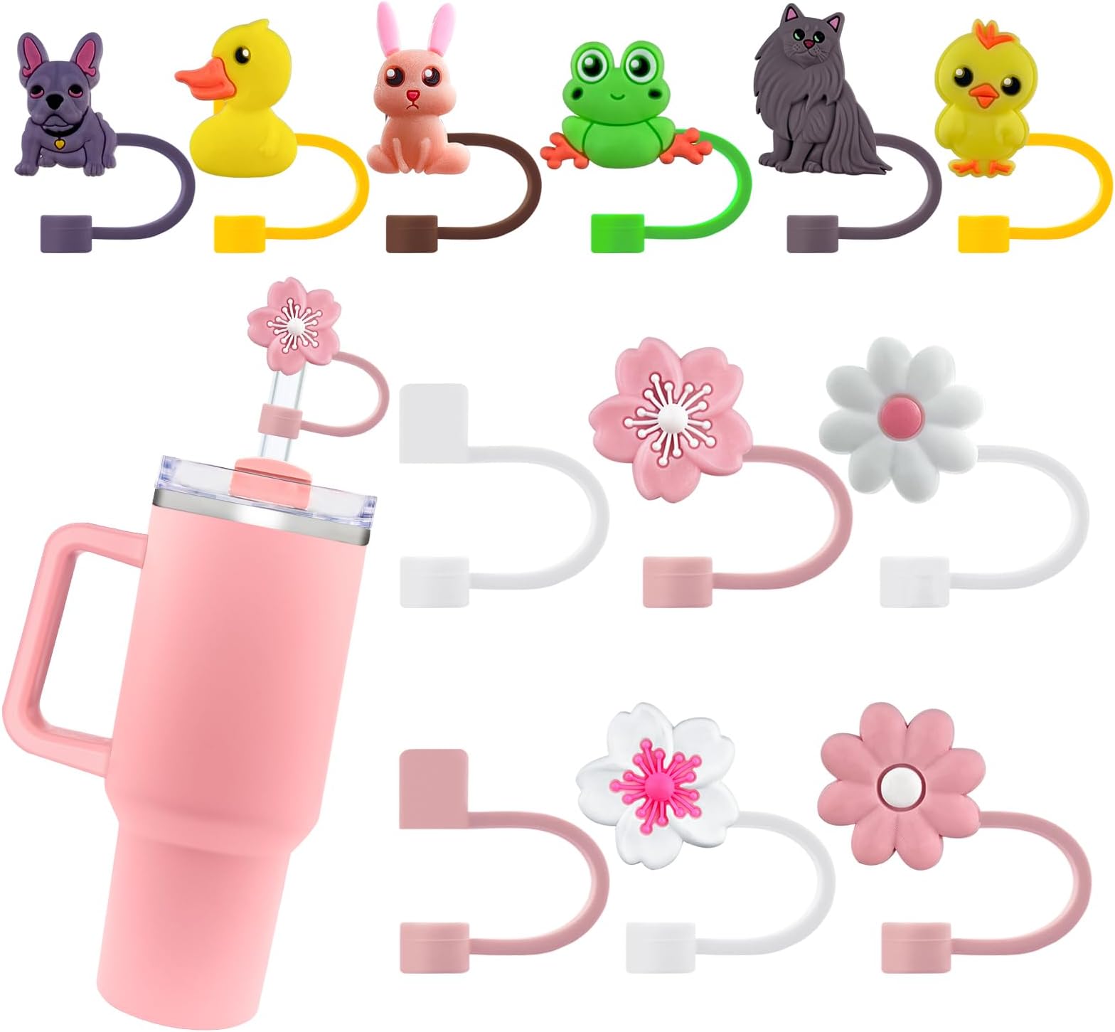 12PCS Silicone Straw Covers Cap for Stanley Cup, 10mm Cute Straw Toppers for20 30 40 oz Tumblers, Dust-Proof Drinking Cup Accessories