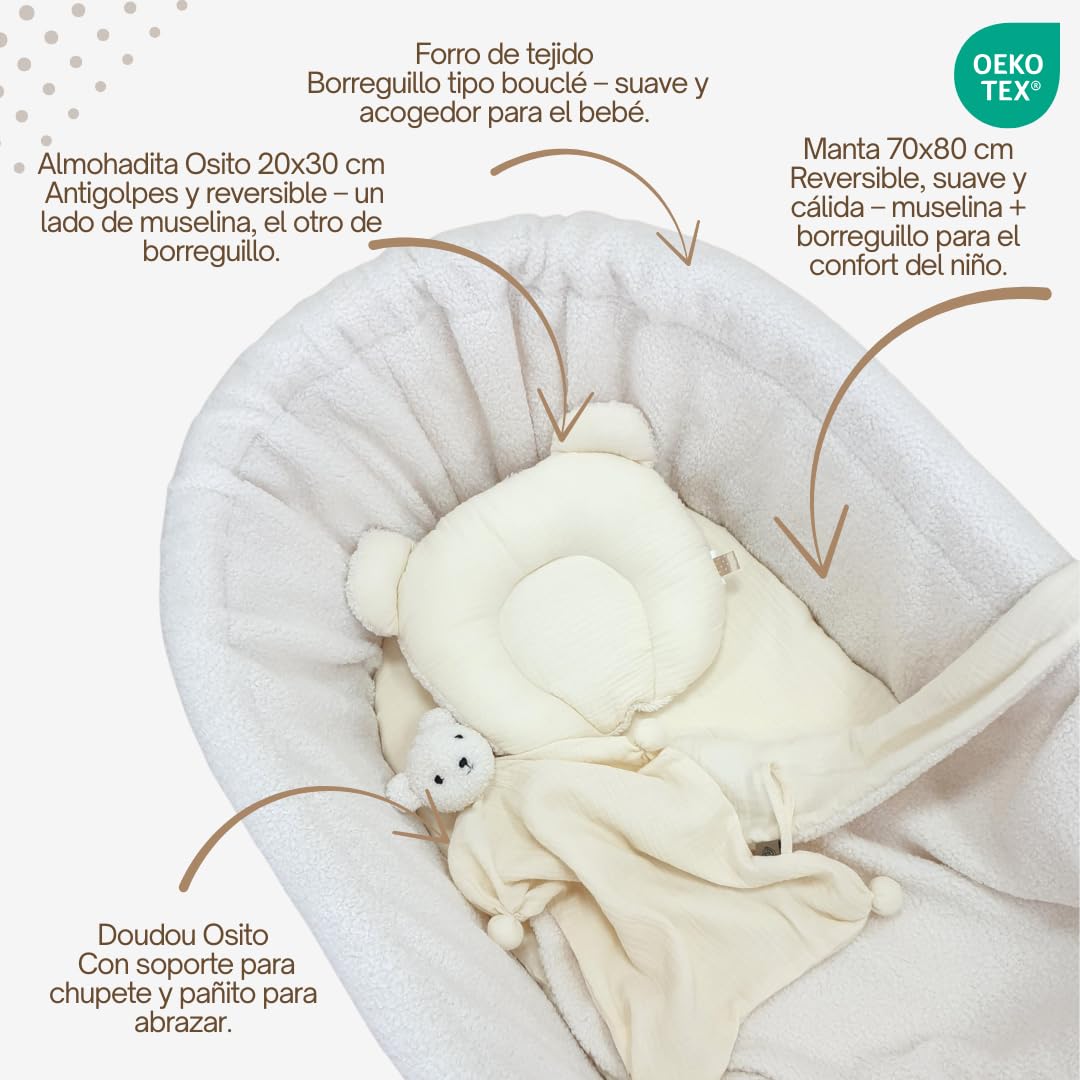 Wiklinopol Cuna Amelia – Moisés Tejido a Mano Natural con Soporte y colchón – Juego de Ropa de Cama Teddy de 5 Piezas Ecru – Moisés portátil con Ruedas – Ideal para recién Nacidos
