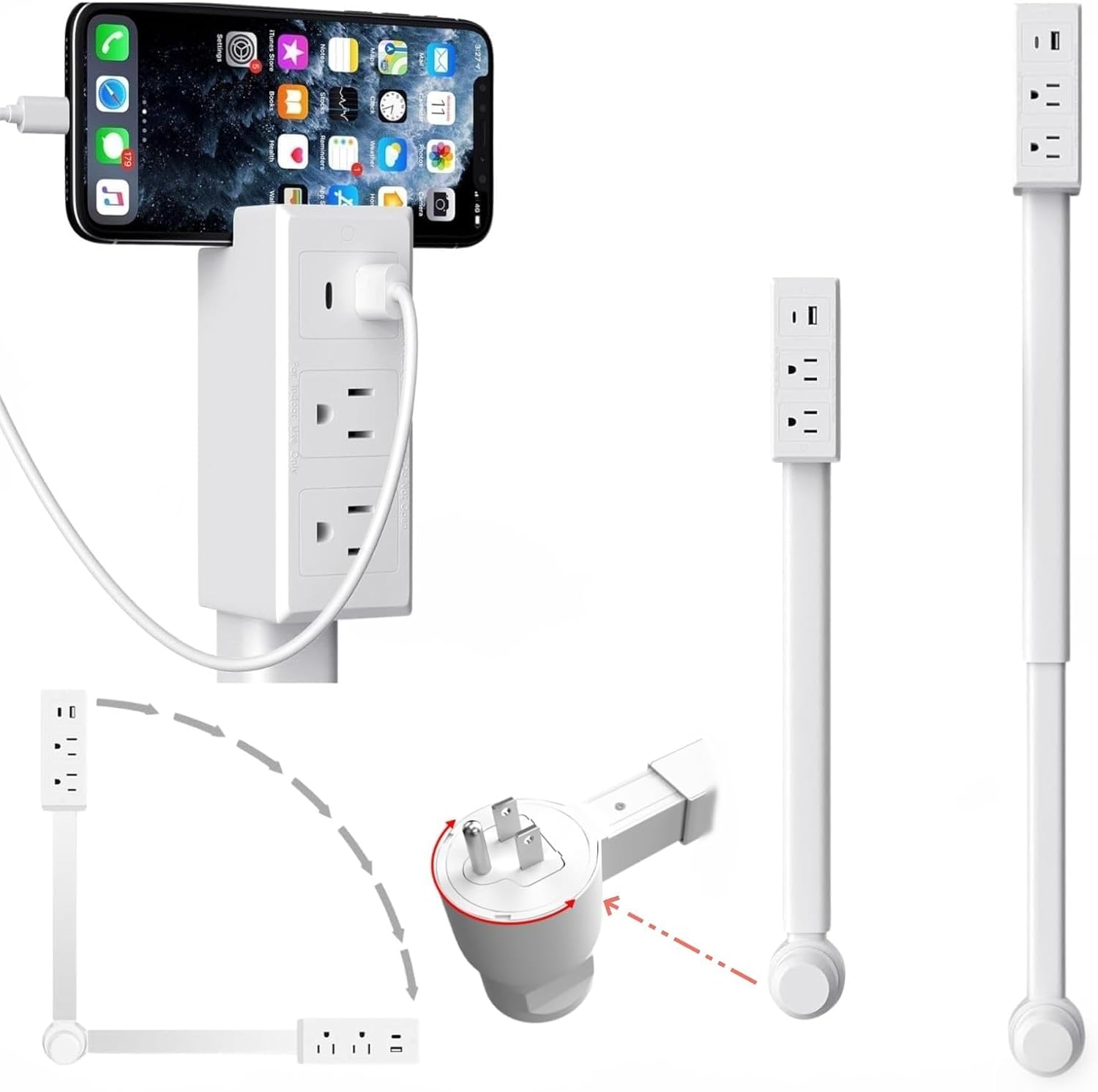 Electrical Outlet Extender Features USB-A, USB-C, and 2 AC Electrical Outlet Extender Stick for Hard to Reach Spaces Extends 17"-27", Rotates 180°. Use Behind Couches, Nightstands, Desks (1PCS)