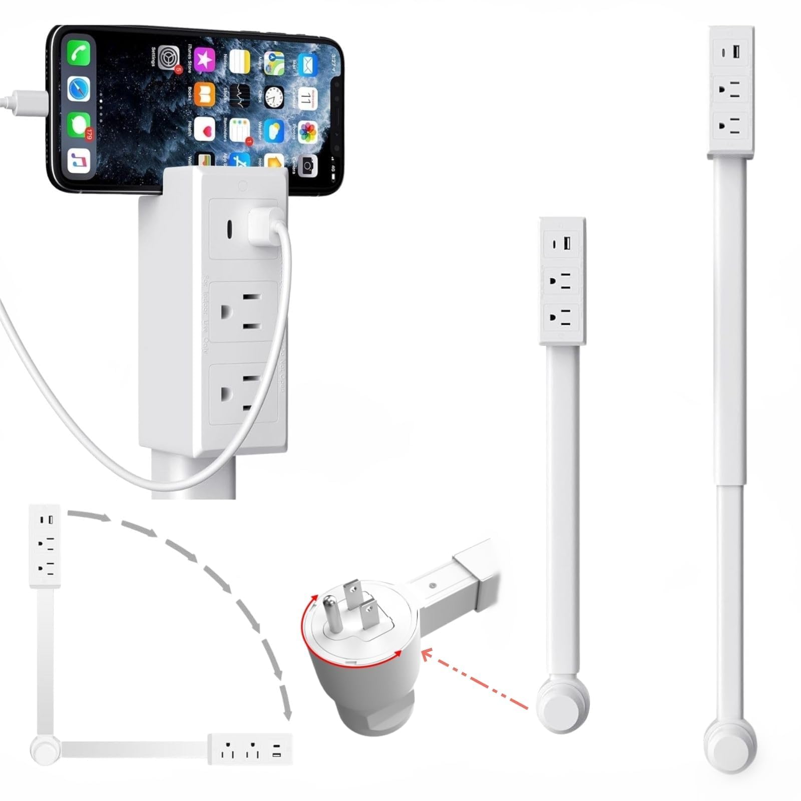 Electrical Outlet Extender Features USB-A, USB-C, and 2 AC Electrical Outlet Extender Stick for Hard to Reach Spaces Extends 17"-27", Rotates 180°. Use Behind Couches, Nightstands, Desks (1PCS) (1pc)