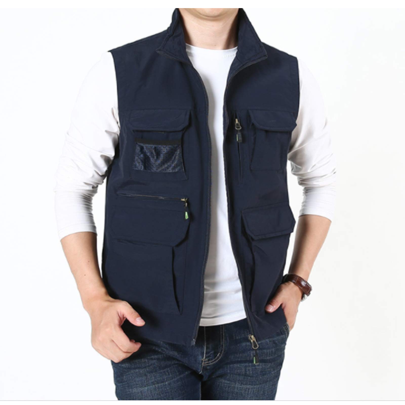 Gilet de pêche sans manches pour homme multi-poches pour le camping, les voyages, la photographie, bleu - Taille XXL