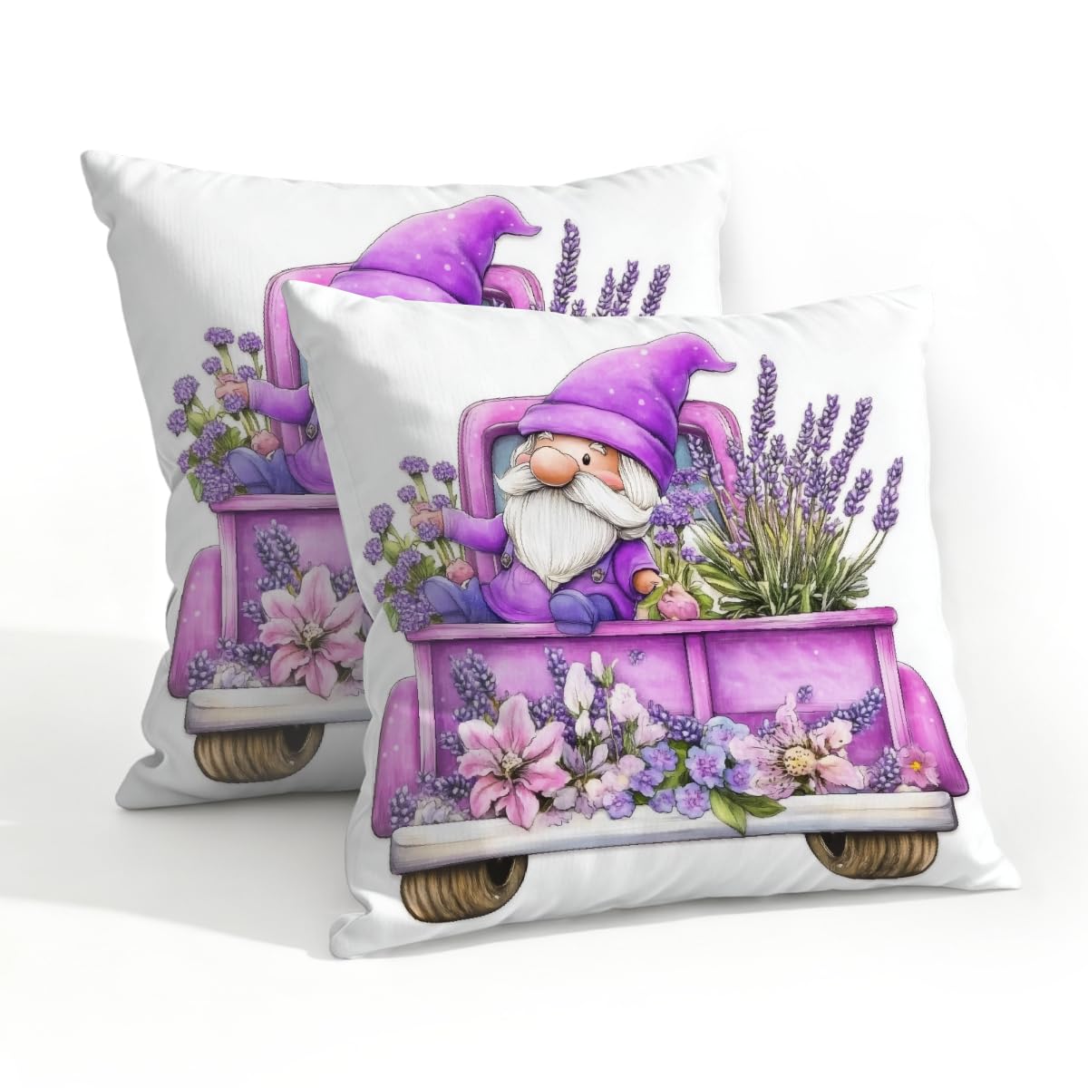 Outdoor Pillow Covers Waterproof Pillowcases 20x20IN Set of 2 Farm Lavender Floral Truck Gnome Decorative Throw Cushion Case for Couch Sofa Garden Patio Furniture