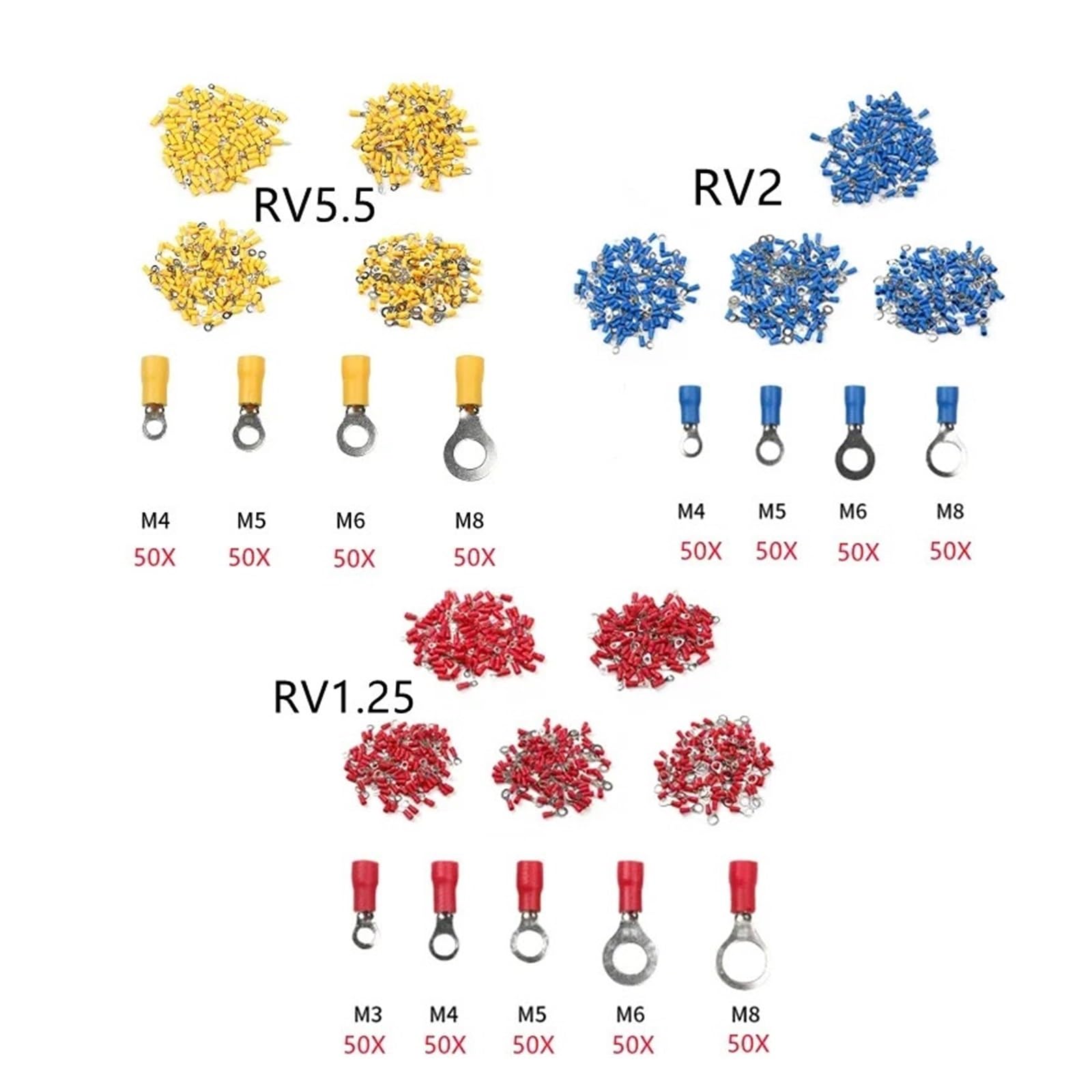650 pz Terminali ad anello isolati rosso, blu e giallo Cavo elettrico Connettori a crimpare 22-10 AWG Kit M4/M5/M6/M8