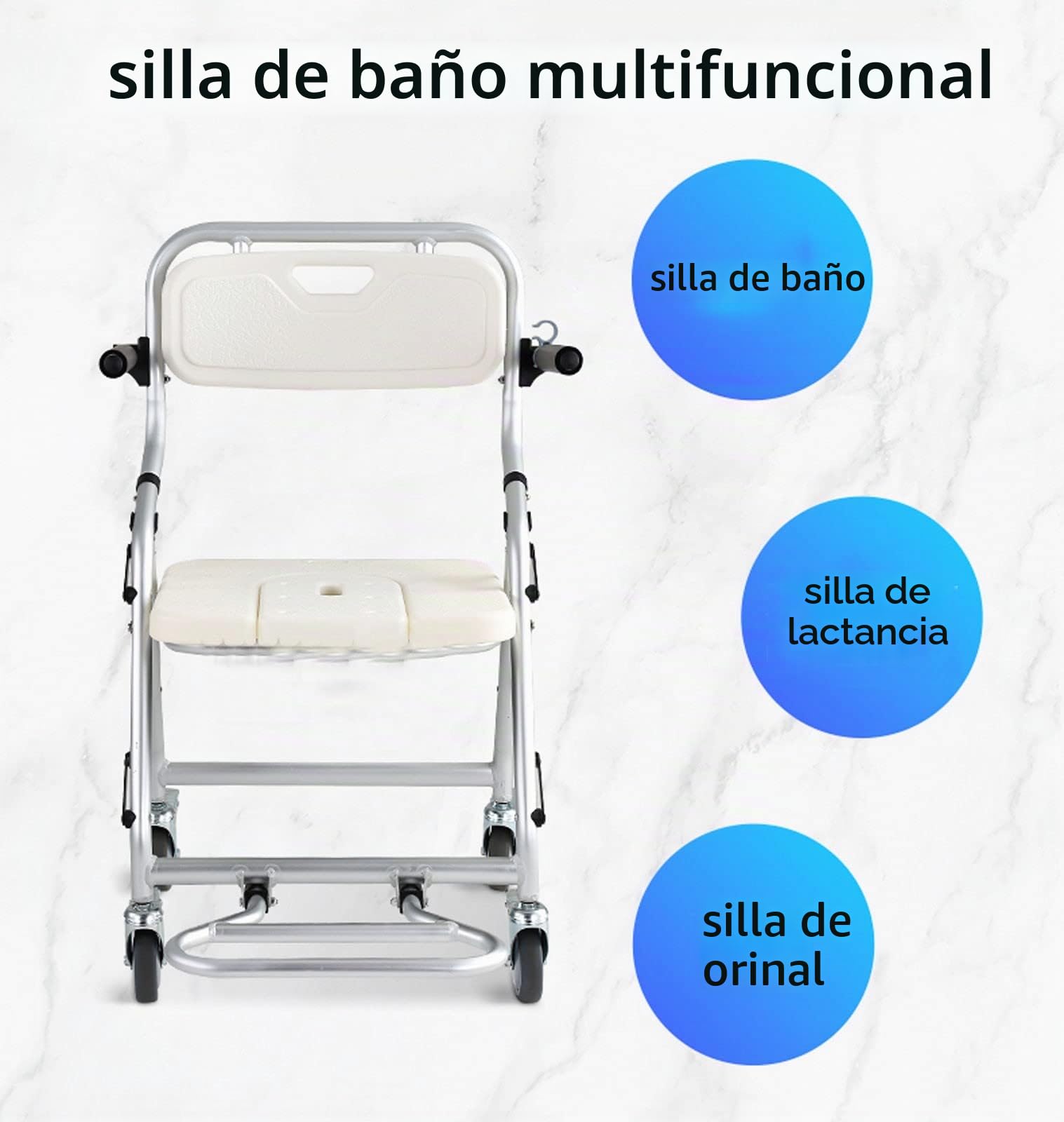 Silla para Ducha con Ruedas Plegable, Taburete de Ducha con Respaldo Extraíble y Apertura en Forma de U, Sillas de Ruedas para Tomar Una Ducha, Ideal para Ancianos, Mujeres Embarazadas