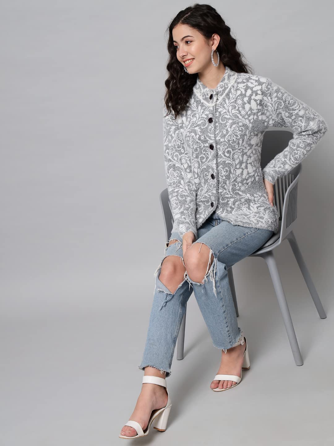 eWools Women's Wool Round Neck Cardigan (L, Black) - Image 6 thumbnail