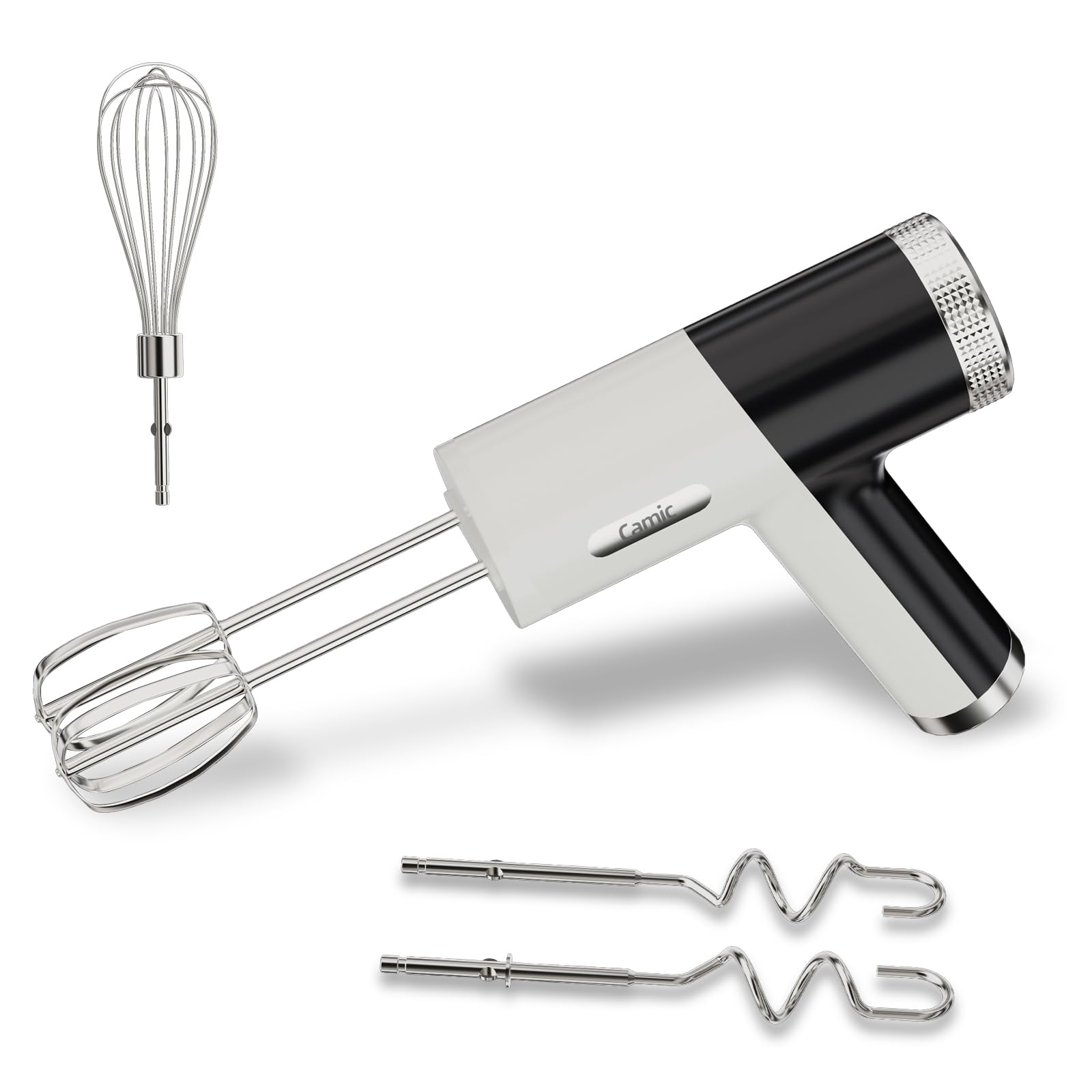 Camic Handmixer mit 9 Geschwindigkeitsstufen, Kabelloser Elektrisch- Handrührgerät mit Schneebesen, Knethaken und Rührstab zum Schlagen von Eiern, Sahne und Marmelade sowie zum Mixen