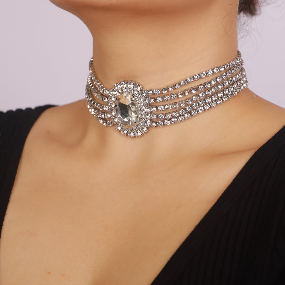 5Tier Boho Fashion Prom Shinny Rhinestones Circle Choker Necklace Dainty Layered Sexy Body Chain Choker Necklace Dainty Green Blue Silver Halloween Christmas Necklace Jewelry Gift for Women - Image 3