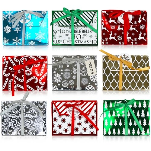 Iconikal 9-Pack Christmas Holiday Foil Embossed Gift Card Holder Boxes with Ribbons Cash...