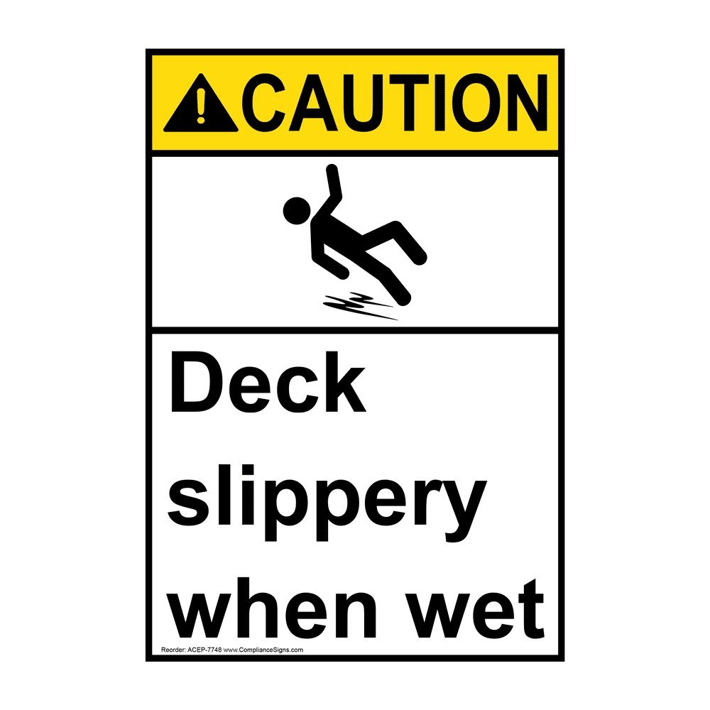 ComplianceSigns.com Caution Deck Slippery When Wet ANSI Safety Label Decal, 5x3.5 in. 4-Pack Vinyl for Recreation