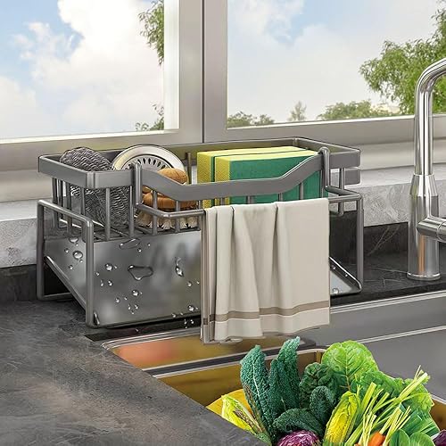 Organizador de fregadero de cocina con desagües automáticos, soporte de esponja de cocina para encimera de fregadero, organizador de esponja de