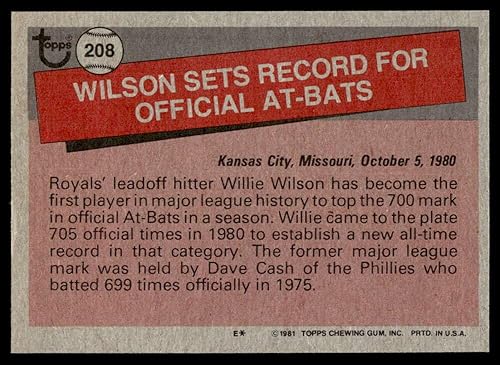 Miniatura 2 de 1981 Topps #208 Willie Wilson RB NM-MT Royals