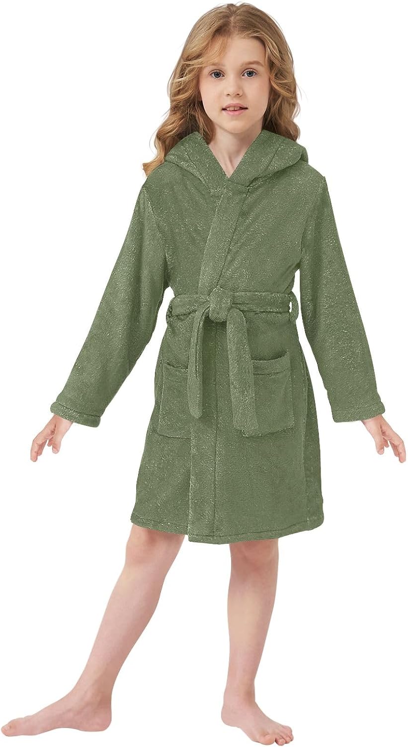 Military Green Kids Bathrobe, Soft Plush Hooded Towel for Boys Girls, Quick Dry Absorbent Bath Robe