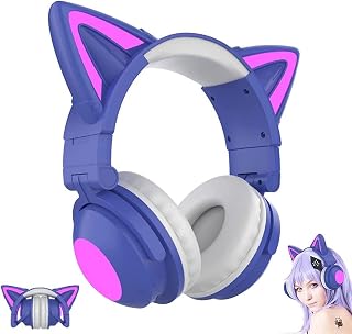 Xbtianxia Cat Ear Wireless/Wired Headphones, LED Light Up Bluetooth Foldable Gaming Headset, Over Ear Headset with Microphone (Color : Purple)