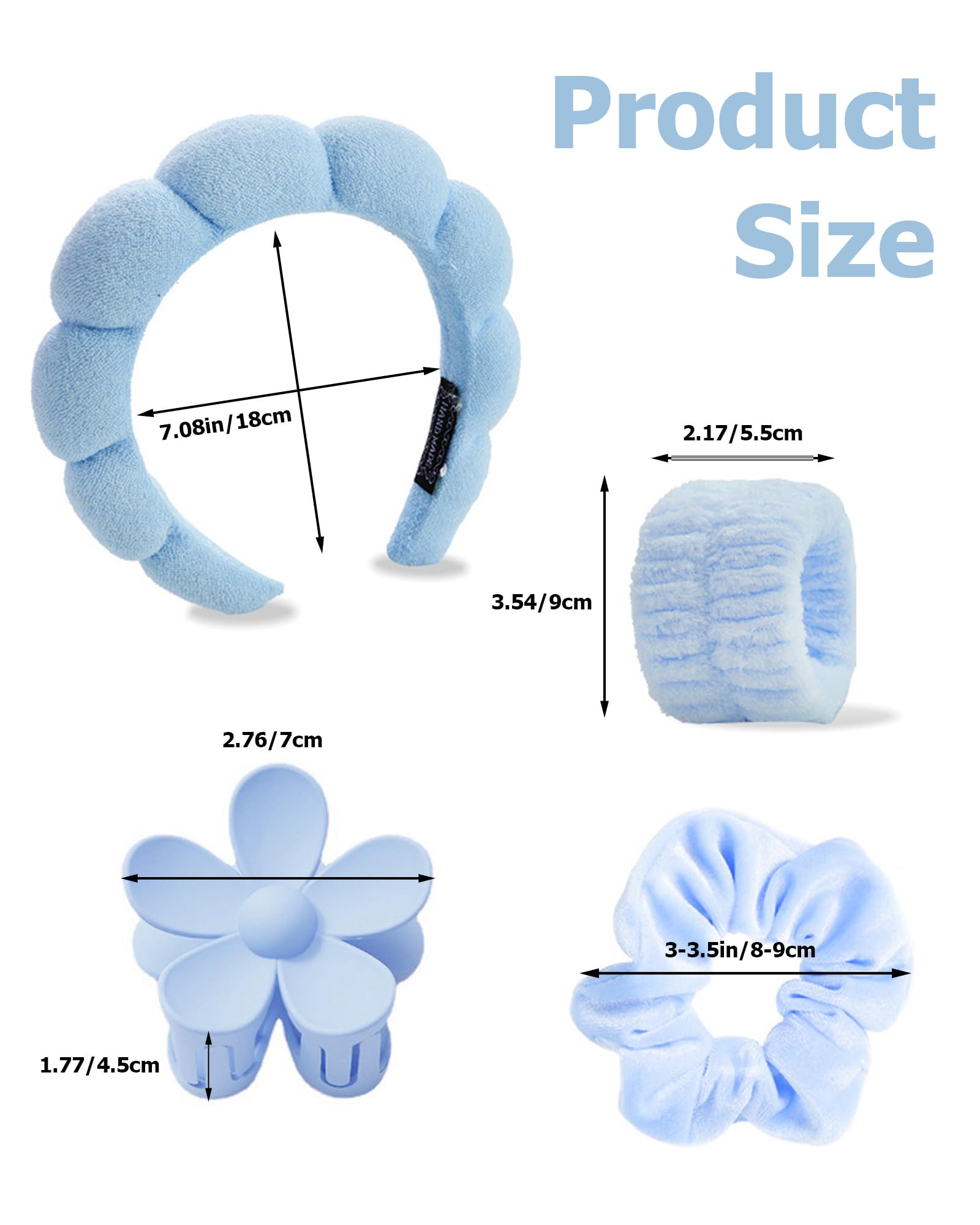 6Pcs Spa Headband for Washing Face,Wristbands Set Women Bubble Skincare Makeup Sponge Terry Cloth Padded Puffy Headband Bow Tie Hairband Cute Non Slip Thick Hair Accessory Gifts(Blue) - Image 2