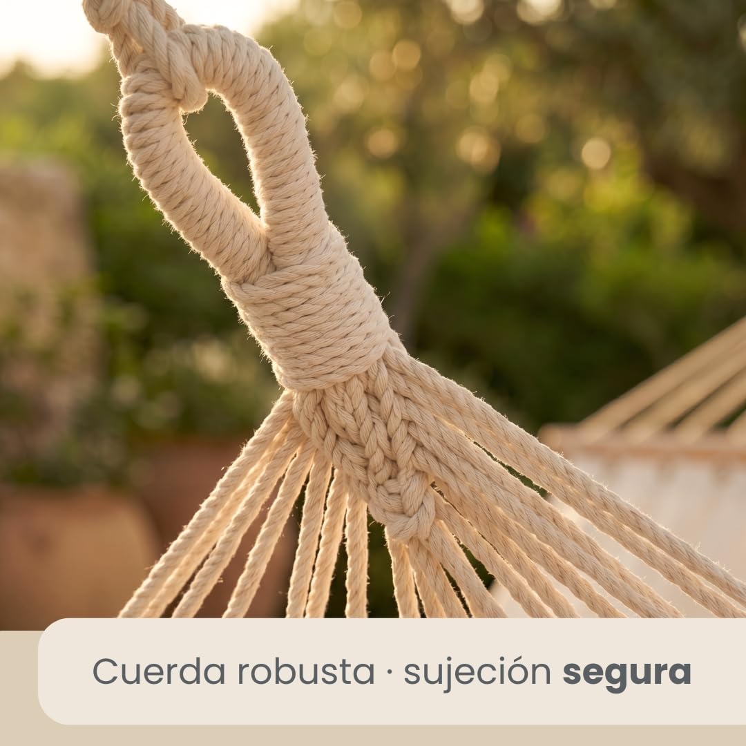 AMANKA XXL Hamaca con Barra Separadora 200x120 cm Beige - Colgante Doble 2 Personas 150kg - Algodón Resistente Exterior & Interior - Balcón Jardín Terraza Campings - 100% Puro Transpirable Natural