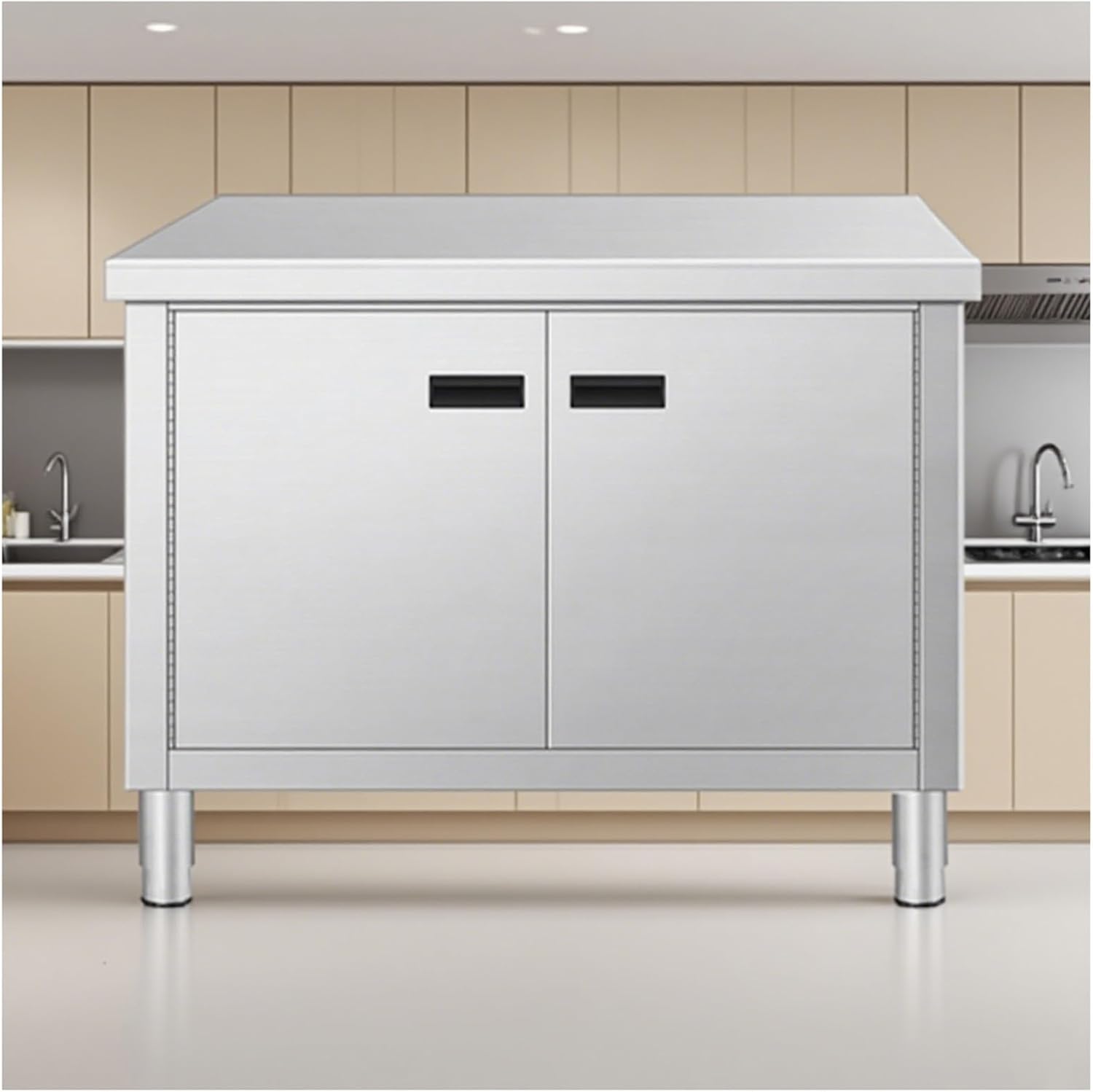 Heavy-Duty Food Preparation Work Table Thickened Stainless Steel Kitchen Worktop Built-in Handle Design Storage Cabinet with Adjustable Feet