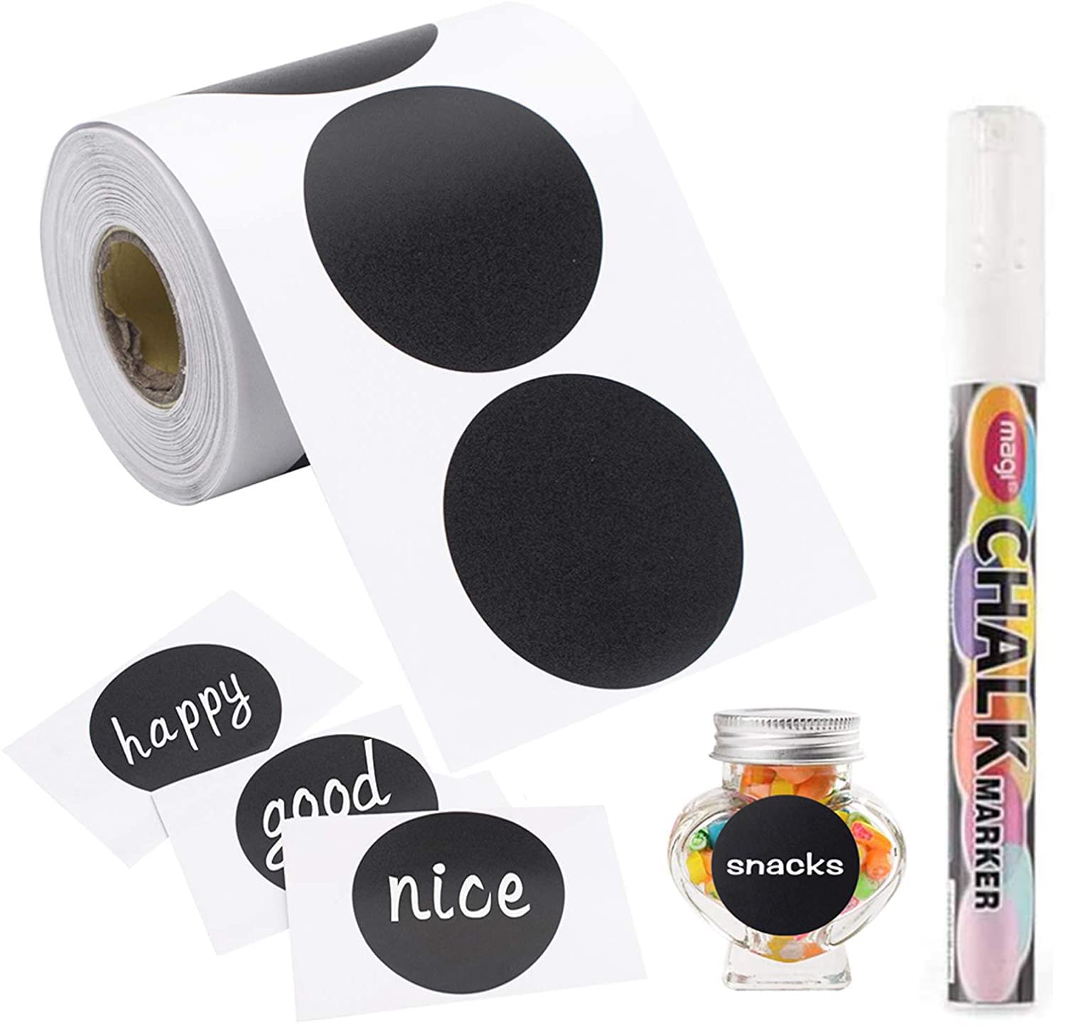 KASTWAVE 120Pcs Round Chalkboard Labels, with Chalk Marker Pen, Waterproof Pantry and Storage Stickers for all Jars, Pantry, Storage, Containers, Bottles, Cups and More