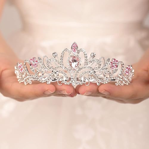 Miniatura 1 de JWICOS Tiara y corona de diamantes de imitación plateados para mujer, elegante corona de cristal rosa con peines, corona de cumpleaños de princesa